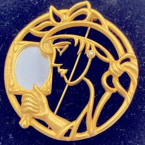 Vintage Large TONA Art Deco Woman Looking In The Mirror Gold Toned Brooch /Pin